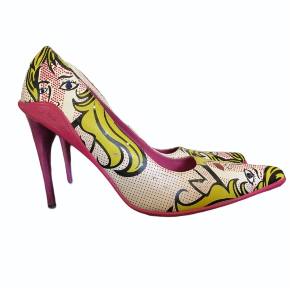 MICHAEL ANTONIO Vintage Y2K High Heels Comic Book Pop Art Dot Matrix Neon Pink
